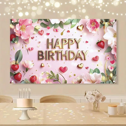 Pink Happy Birthday Backdrop Banner Gold Floral Heart Strawberry Design Photography Background Girls Birthday Party Decorations Photo Booth Supplies 71x43 Inch