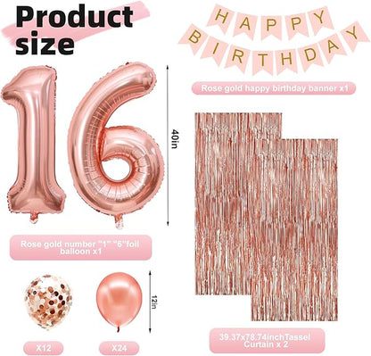 Sweet 16 Party Decorations,16th Birthday Boxes Decor for Girls Women Sweet Sixteen Happy Birthday Banner Kits Pink Rose Gold Foil Balloons Party Supplies Rose Gold Tassel Curtain
