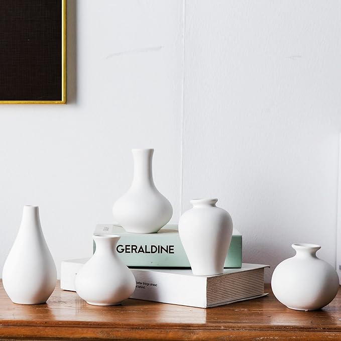 White Ceramic Bud Vase Set of 5, Small Vase for Modern Home Decor, Mini Pottery Vases, Boho Decorative Vase for Living Room Fireplace, Centerpiece Table Decorations