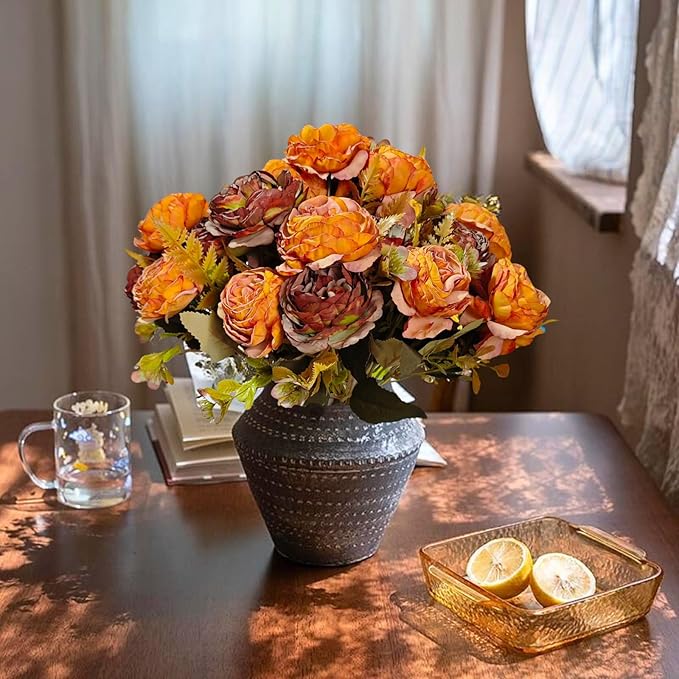 ASTRYAS 8Pcs Peonies Artificial Flowers, Fall Fake Peony Silk Burnt Orange Dried Peonies Fall Flowers Bouquet for Autumn Centerpiece Table Wedding Party Home Decor