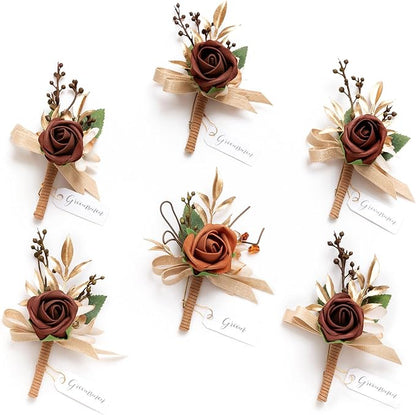 Ling's moment Boutonniere for Men, 6pcs Groom Groomsmen Boutonniere, Artificial Flowers for Wedding Decor/Prom/Homecoming, etc.Terracotta Orange