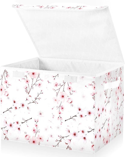 Flower Baskets Collapsible Storage Bins with Lids, Cherry Blossom Branche Storage Boxes Clothes Baskets for Organizing