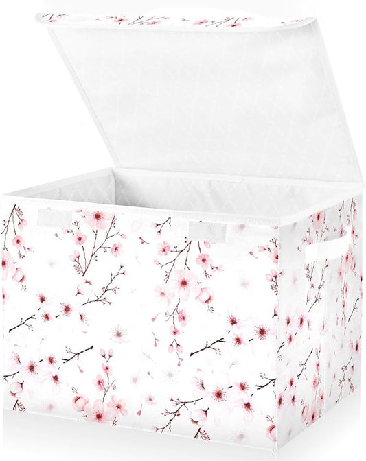 Flower Baskets Collapsible Storage Bins with Lids, Cherry Blossom Branche Storage Boxes Clothes Baskets for Organizing
