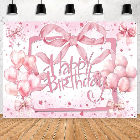 Coquette Pink Bow Happy Birthday Backdrop - Glitter Balloon Banner for Girls & Women - Cute Birthday Party Decorations, Bachelorette Photo Background & Wall Decor 7x5ft