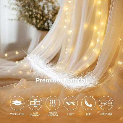 Tulle Curtain Backdrop with 300 LED Fairy Lights for Parites Wrinkle-Free Sheer Curtain Drapes Photo Back Drop for Wedding Baby Shower Bridal Shower Birthday Home Décor - 10ft×10ft, Ivory