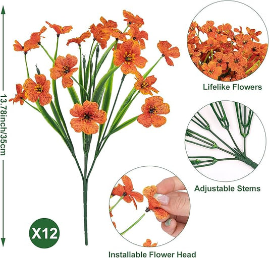Ouddy Decor 12 Bundles Artificial Fall Flowers for Outdoors Fake Mums Fall Silk Flowers UV Resistant Faux Plastic Plants for Indoor Outdoor Vase Box Garden Porch Window Box Home Autumn Decor, Orange