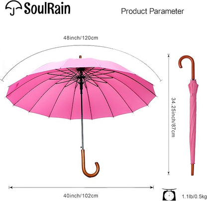 SoulRain 16 Ribs 48" Stick Umbrella Auto Open Solid Color Fashionable and Simple，Arc Classic Wood Handle，Windproof Unbreakable Stick Rain Umbrella