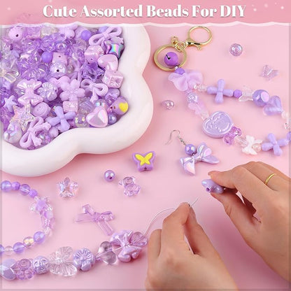 Assorted Acrylic Beads, 200-260PCS Purple Cute Beads for Bracelet Making, GummyBear Bow Flower Candy Kawaii Charms for Jewelry Making DIY Necklace Keychain Phone Charm Christmas Gift