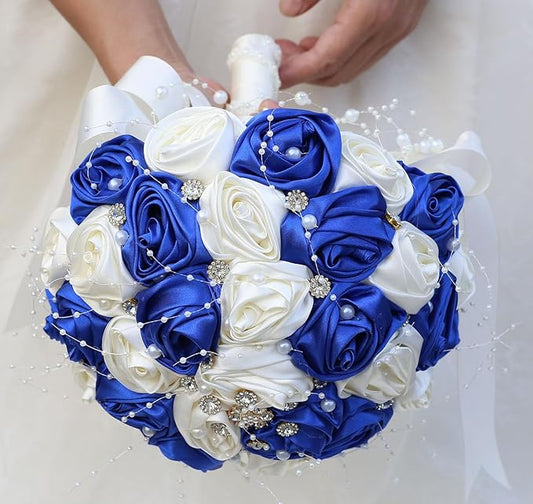 Bridal Wedding Bouquet Round Bling Brooch Bouquet Throw Toss Artificial Rose Flower Bunch for Bride Bridesmaid Wedding Quinceanera(Royal Blue & Ivory, 7.5")
