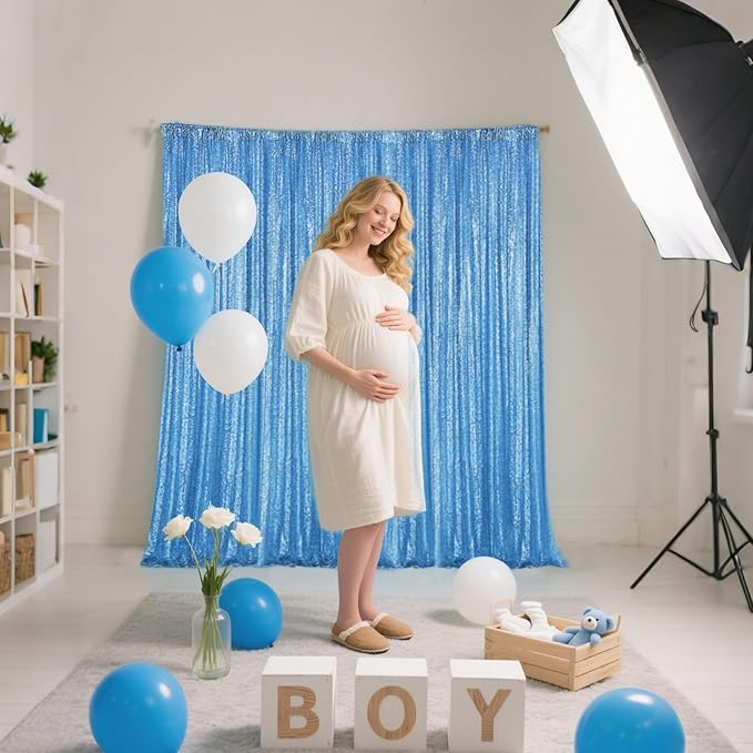 Blue Sequin Backdrop Curtain 4 Pieces 2FTx8FT Glitter Photography Backdrop for Party Wedding Birthday Christmas Decorations