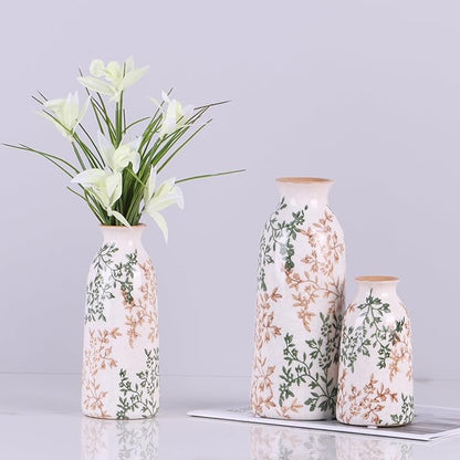 Ceramic Vase Set of 3, Vintage Green and Beige Vases Set, Flower Rustic Chinoiserie Vases Floral Grand Millennial Farmhouse Decor Vase (Green and Beige-Set of 3)