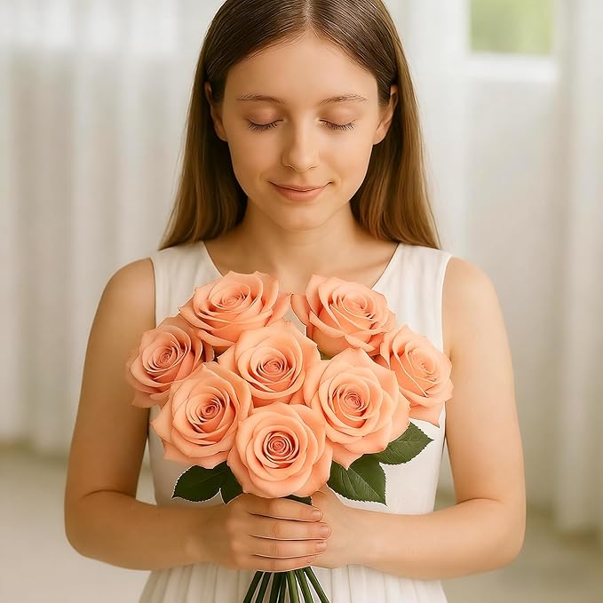 Tangerine Pink Roses Artificial Flowers 15 PCS, Fake Roses Silk Flowers with Long Stems, Faux Rose for Wedding Centerpieces, Home Decor, Party Decor, DIY Bouquet (Tangerine Pink)
