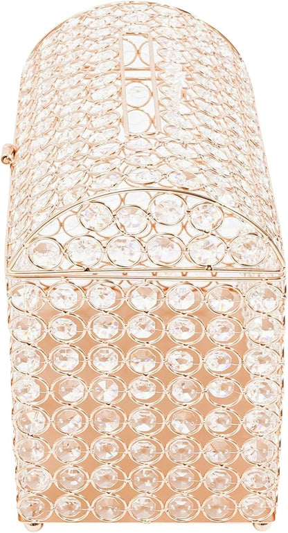 Crystal Wedding Card Box With Heart Lock, Gold Crystal Treasure Chest Money Card Gift Decorative Memory Box for Wedding Birthday Graduation Party