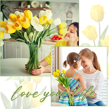 Janinka 100pcs Artificial Tulip Flowers Fake PU Tulips Faux Latex Bouquet Flower Centerpieces Arrangement Floral for Mother Day Wedding Spring Decorations (Yellow)