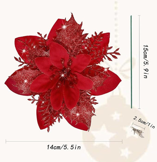 24 PCS Poinsettia Flower Artificial Red Christmas Flowers Artificial 5.5'' Glitter Poinsettias Artificial Christmas Tree Flower with Clips DIY Xmas Wreath Holiday New Year Home Party Decor