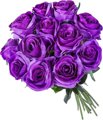 Kisflower 12Pcs Roses Artificial Flowers Purple Flowers Realistic Single Stem Flowers Silk Rose Bouquet for Wedding Party Office Home Decor (Purple)