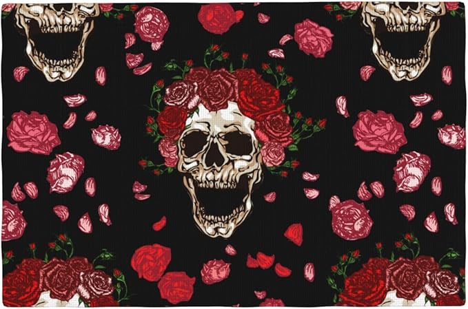 Placemats 4 pcs Skull Flower Double-Layer Imitation Linen Place Mats Non-Slip Heat-Resistant Tablemats for Home Restaurant Hotel 18×12 Inch