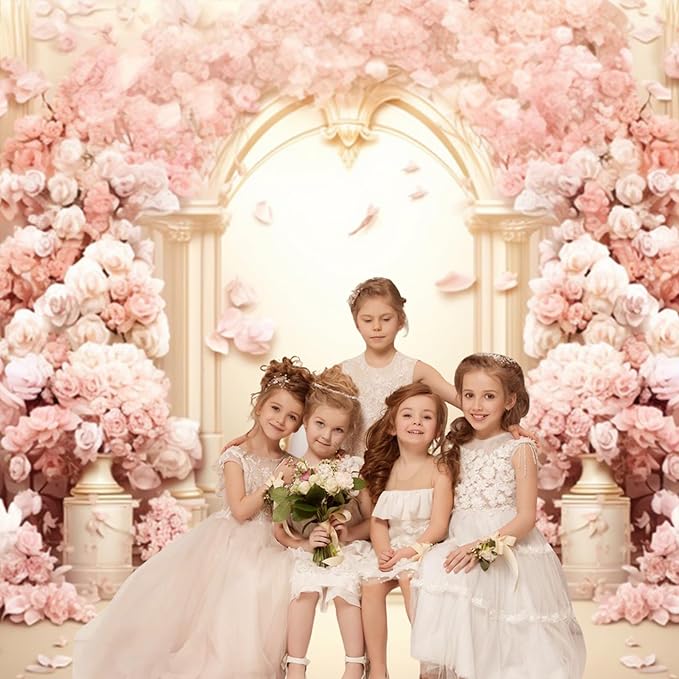 AOFOTO 15x10ft Wedding Backdrop Palace Hall Wall Spring Pink Flower Arch Background for Photography Bridal Shower Valentine's Day Prom Decoration Banner Girl Portrait Photo Booth Backdrop