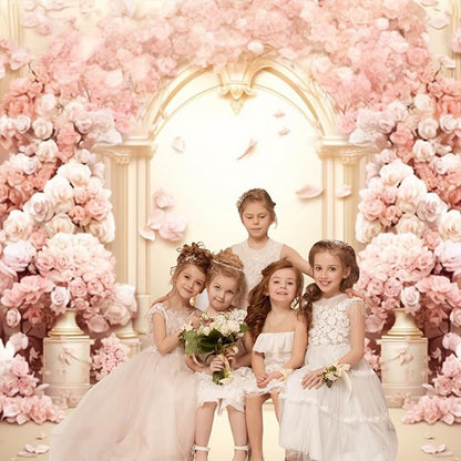 AOFOTO 20x10ft Wedding Backdrop Palace Hall Wall Spring Pink Flower Arch Background for Photography Bridal Shower Valentine's Day Prom Decoration Banner Girl Portrait Photo Booth Backdrop