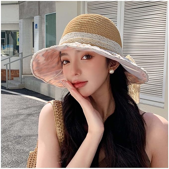 Women's Sun Shade Hat UPF 50+ - Foldable Straw Beach Cap with Lace Bow, Breathable Summer Travel Hat for Women