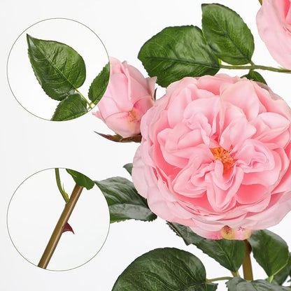 Real Touch Artificial Roses (Set of 3) – 23.6" Long Stem Pink Garden Roses – Lifelike Faux Silk Flowers for Wedding Bouquets, Home Décor, Centerpieces & Floral Arrangements