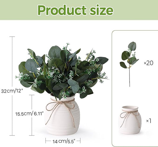 Artificial Eucalyptus in Vase, Fake plants for home decor, Ceramic White Vase with Greenery, Faux Decorative Plants, 20pcs Indoor Fake Eucalyptus Stems for Centerpiece Farmhouse Mantle Decor