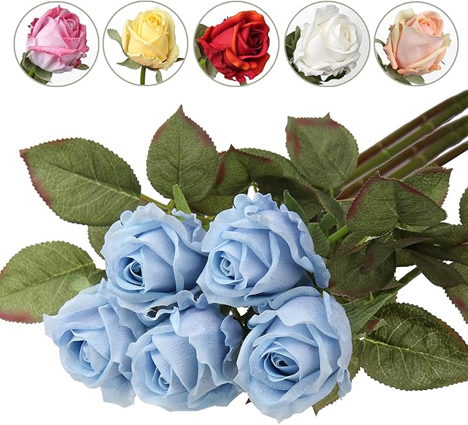 Artificial Realistic Roses Blue Flowers 24" Real Touch Silk Roses Bouquet Long Stems Rose for Flower Arrangement Fake Roses Decor for Home Party Wedding Table Centerpieces Roses Realistic - 5 Pcs