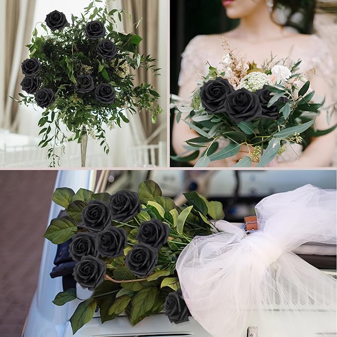 100PCS Black Artificial Flowers Roses Real Looking Foam Fake Roses with Leaves and for DIY Wedding Bouquets Bridal Shower Centerpieces Party Decorations (Black, 100)