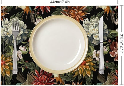 Vintage Floral Placemats Set of 6, 17x12 Inch Colorful Flowers Birds Green Leaves Black Retro Aesthetic Art Print Table Mats for Home Party Kitchen Dining Decor