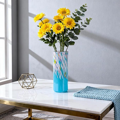 9.45" Tall Blue Vase Hand Blown Glass Vase Green, Modern Blue Home Centerpieces Wide Mouth Vases for Bud&Flower Decor - Ideal Living Room, Kitchen, Wedding, Dining Table, Office Center Table