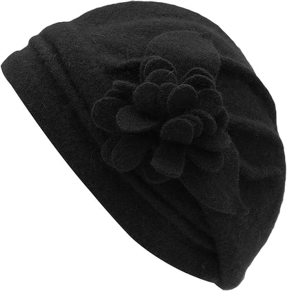 ZLYC Women Wool Cloche Bucket Hat 1920s Vintage Dress Winter Hats with Flower Accent