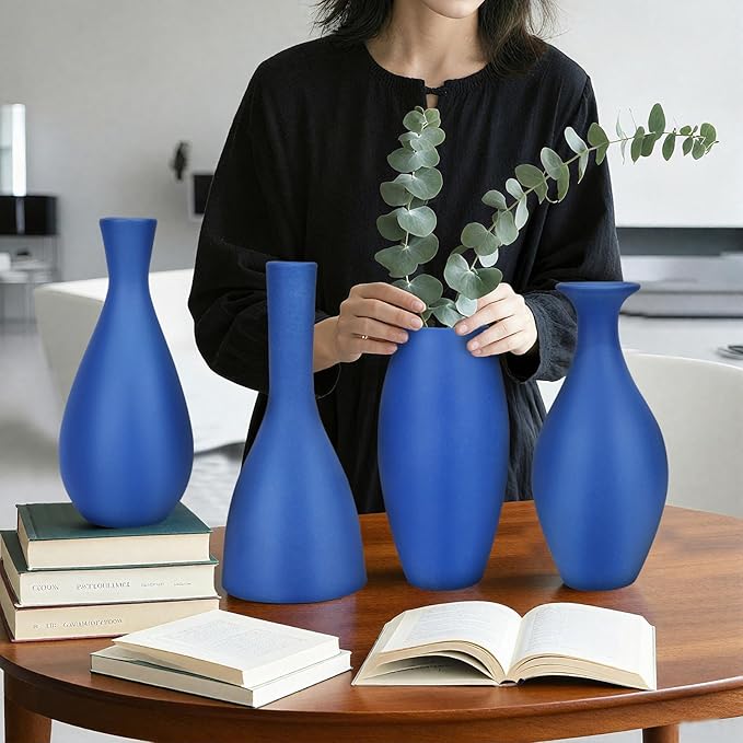 Matte Blue Ceramic Vase 4 Piece Set, Navy Blue Vase for Rustic Modern Home Decor, Coastal Decorative Vases for Living Room, Kitchen,Table,Shelf,Office,Housewarming,Gift