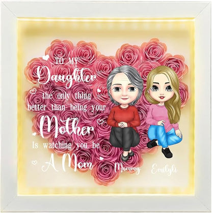 Personalized Mom Flower Shadow Box with LED Light Custom Heart Shaped Rose Flower Shadow Box Frame To My Daughter Mother's Day Portrait Shadowbox Memory Gifts for Mom from Daughter Christmas Birthday