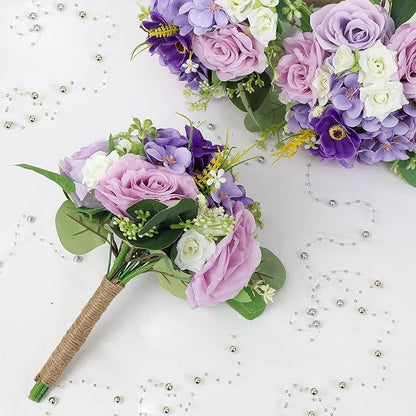 Bridesmaid Bouquets for Wedding - 7 Inch Artificial Flowers Bouquets for Ceremony Anniversary Centerpieces Decorations - Lilac & White