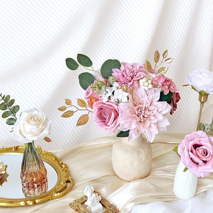 Silk Artificial Flowers Combo Box Set Dusty Pink Roses Gold Flowers Blush Pink Bridal Wedding Bouquets Cake DIY Fake Floral with Stems Arrangements Baby Shower Party Table Centerpieces Home Decor