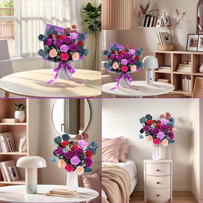 Flowers for Delivery Birthday Flowers Gift for Her,Preserved Flowers Bouquet 12 Roses Mixed Bouquet,Rose Gifts for Women Mom Grandma(Mixed 12 Purple-B Roses)
