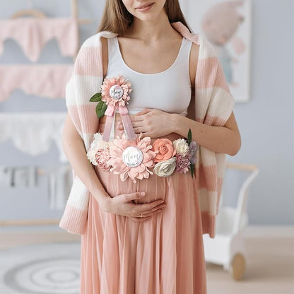 Baby Shower Maternity Sash Belly Belt-Pink Flower Sash Set Mom to Be & Dad to Be Corsage Pins for Gender Reveal