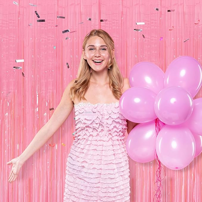 2 Pack Pastel Pink Streamers Pink Foil Fringe Curtains Tinsel Backdrop Birthday Decorations Light Pink Backdrop Halloween Baby Shower Valentines Wedding Princess Party Decorations