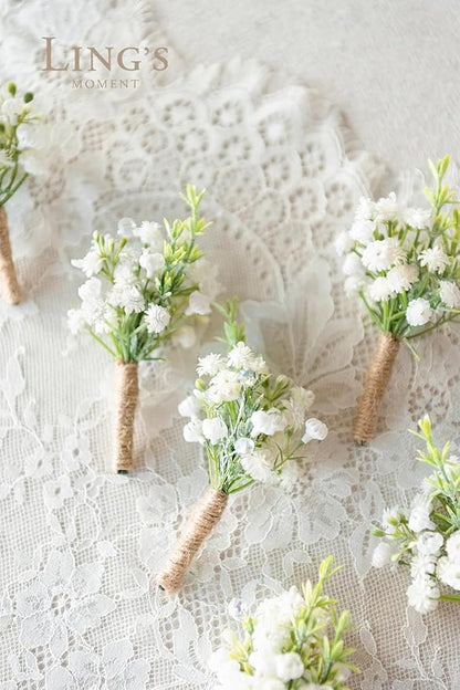 Ling's Moment Boutonniere for Men, 10pcs Groomsmen Guest Boutonniere, Artificial Flowers for Wedding Décor/Prom/Homecoming,etc.Baby Breath White