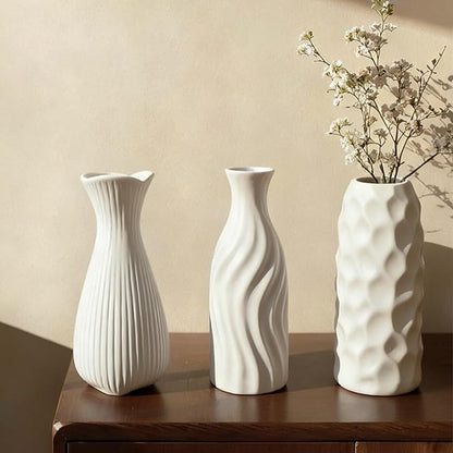 White Ceramic Vase Set Home Decor – Farmhouse & Boho Decorative Vase Set for Kitchen, Living Room, Bedroom, Office, Bookshelf Decor, Bathroom, Centerpiece Table Decor