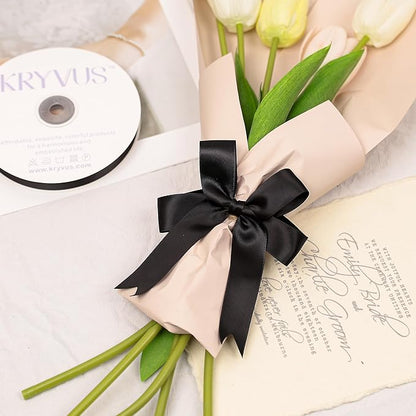 Double Faced Black Satin Ribbon, 1 Inch X 50 Yards Polyester Ribbon for Gift Package Wrapping, Crafts, Bow Making, Sewing, Flower Bouquet, Wedding Party Decor