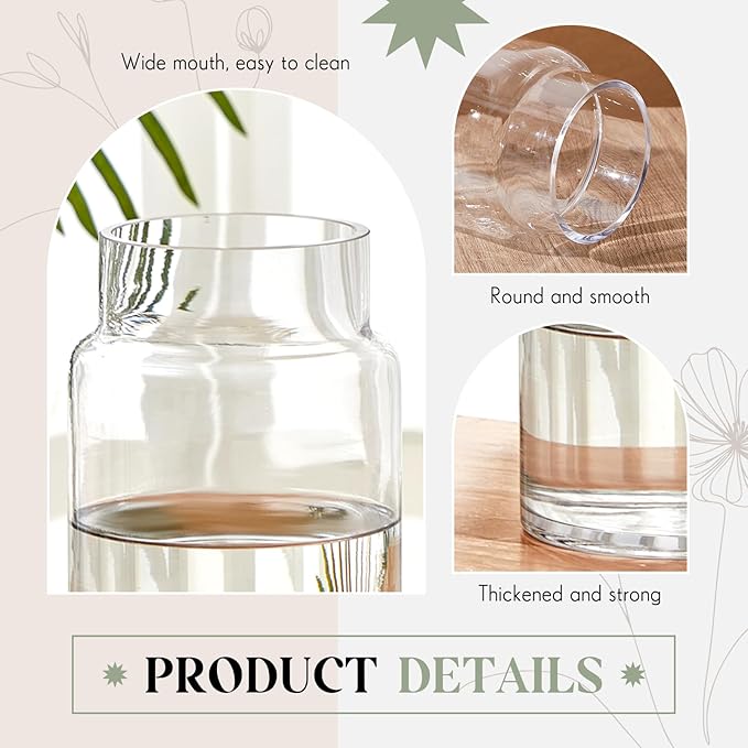 2 Pcs 9 Inch Large Glass Vase for Bouquet Wide Mouth Vase for Centerpieces Large vase for Flowers Modern Glass Vases for Wedding Home Dining Table Decor(H: 9” W: 6")