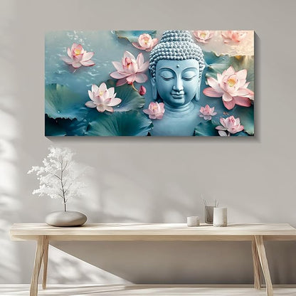 Iallbin Buddha Wall Art & Zen Wall Decor, White Lotus on Water Canvas Painting - for Yoga Meditation Room, Spa & Bathroom, Blue Art Deco Style, 58x29 Inches