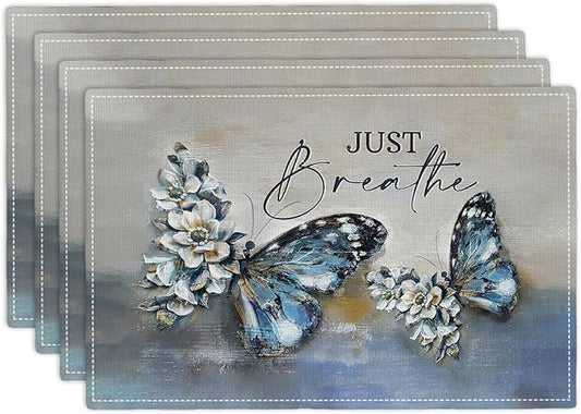 Blue Butterfly Placemats Set of 4, Farmhouse Country Rustic Just Breathe Place Mats Washable Double-Sided Table Mats for Dining Room Home Party Indoor 4 PCS 12x18 Inch