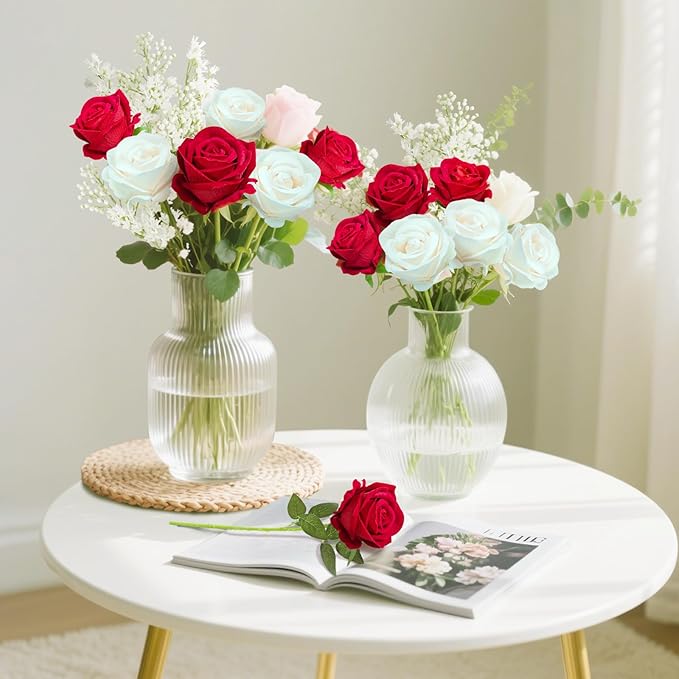 22 Pcs Artificial Roses - Realistic Velvet Flowers with Stems, Bulk Faux Roses for Home Wedding Party Decor (red)
