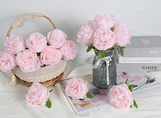 Pink Peonies Artificial Flowers 16pcs Light Pink Flowers Silk Flowers Fake Peonies Faux Peony Flowers Heads with Stem Floral Arrangement for Home Wedding Party Festival Decor (Light Pink)
