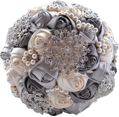 S_SSOY Romantic Wedding Bride Holding Bouquet Roses with Diamond Pearl Ribbon Valentine's Day Bouquet Confession (Gray)