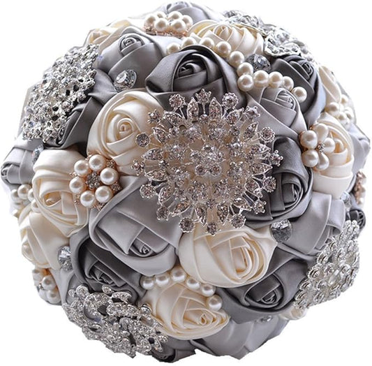 S_SSOY Romantic Wedding Bride Holding Bouquet Roses with Diamond Pearl Ribbon Valentine's Day Bouquet Confession (Gray)