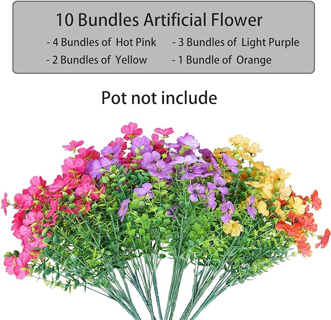 Artificial Flowers for Outdoor,No Fade Fake Plastic Flowers Faux Plants for Decoration Hanging Planters Indoor Outside Garden Porch Window Box Home Wedding Farmhouse,10 Bundles (Rose red - Purple)
