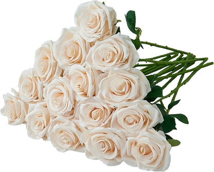 15pcs Champagne Roses Artificial Flowers Silk Fake Flowers Realistic Faux Roses Bouquet Long Stem for Wedding Home Party Birthday Decoration
